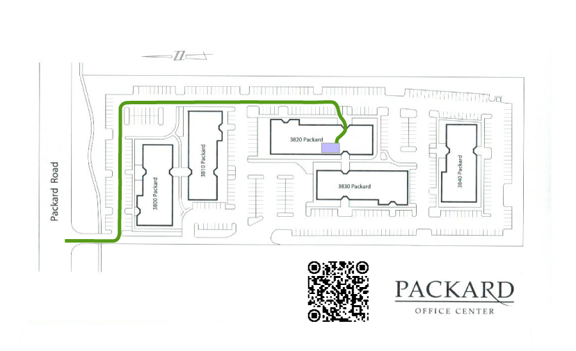 Site map of Packard Office Center. A green line shows the route from Packard Road into the office park, around the 3800 and 3810 buildings, to the entrance of 3820 Packard, where Suite 180 is marked.
